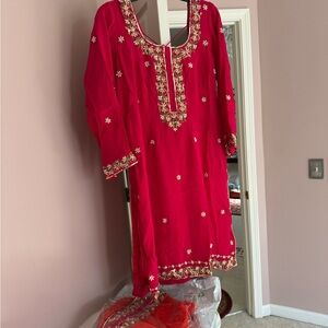 Embroidered Red Traditional Three piece Punjabi Pakistani suit with Gold Accents